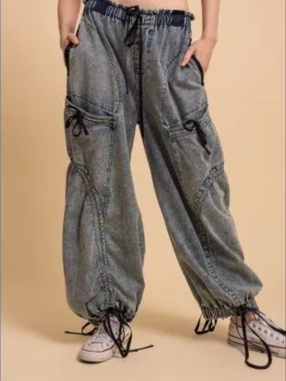 Washed Denim Cargo Jogger Pants - Women's Casual Drawstring